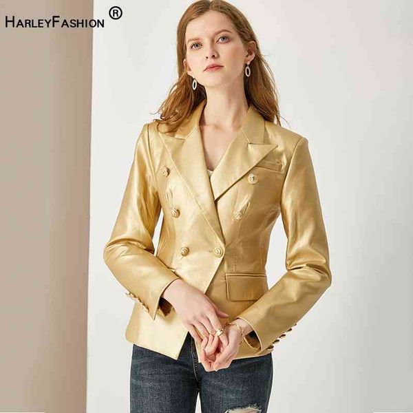 

harleyfashion luxury designing elegant high street quality jacket metal buttons female pu leather gold blazer 210330, White;black