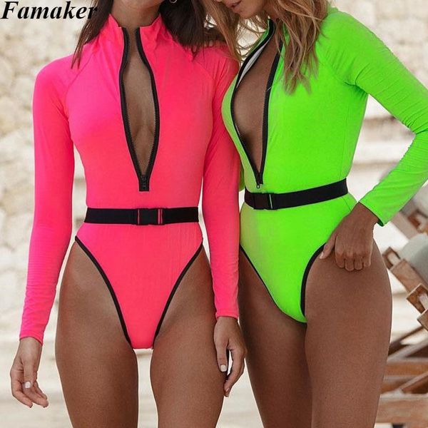

zipper sports swimsuit one piece neon long sleeve swimwear women belt bodysuits monokini high cut bathing suit one-piece suits