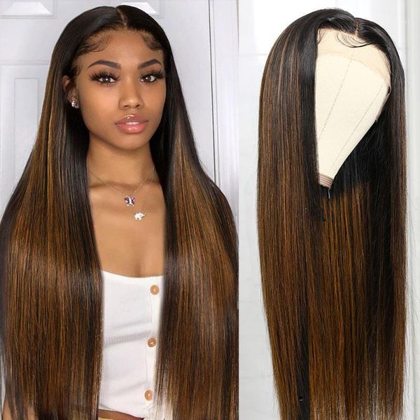 

bronde hair peruvian lace wig for women highlight fb30 bone straight #8 t human brown color pre plucked wigs1, Black;brown