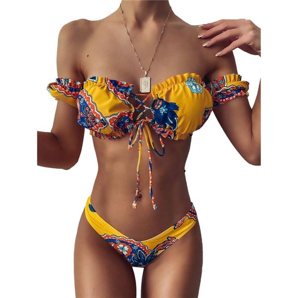 

women's swimwear floral printing bikini suits puff sleeve bandage mid-waist thong swimsuit set micro swim suit ladies bikinis, White;black