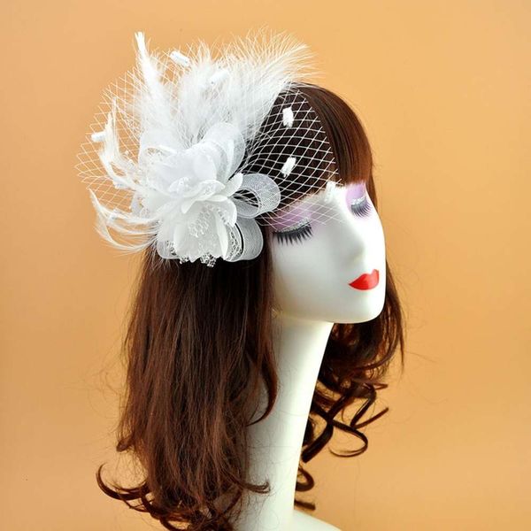 

flower feather headdress white bridal net hairpin pin brooch female, Gray