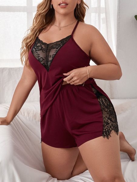 

plus contrast lace cami pj set e6m4#, Black;white