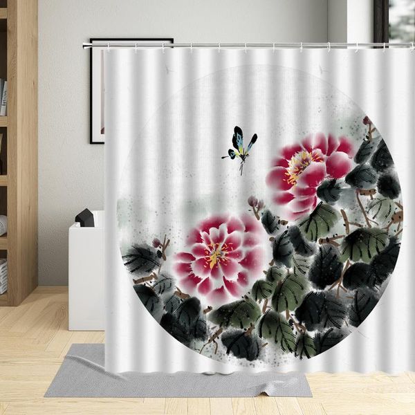 

chinese style ink painting flowers series bamboo lotus pattern bathroom screens home shower curtain polyester with hook washable curtains