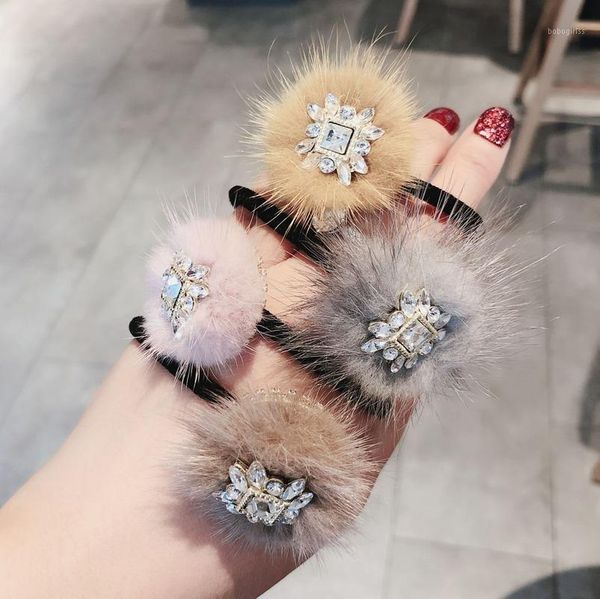 

autumn winter fake fur mink elastic hair band for women zircon elegant crystal rhinestone jewelry fashion girls accessories1