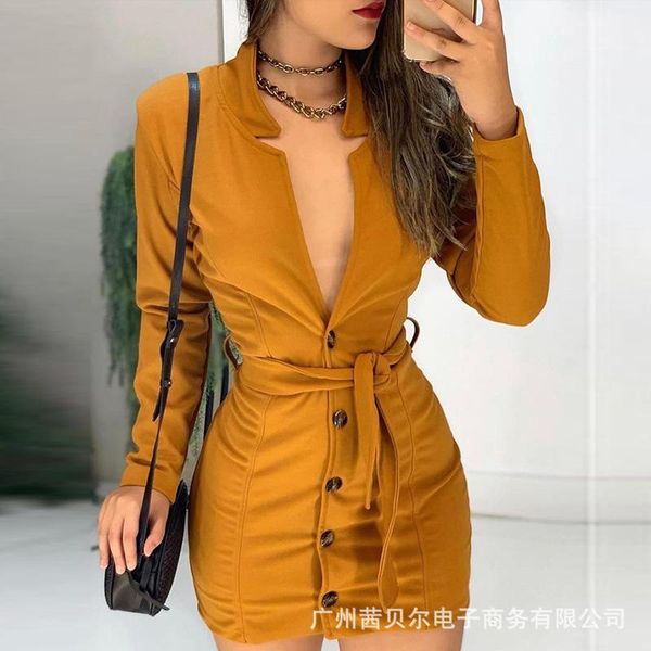 

casual dresses dress women fashion elegant sheath buttocks autumn office causal solid belt v neck long sleeve de moda vestidos, Black;gray