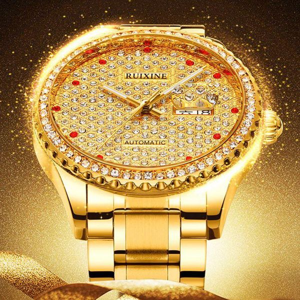 

wristwatches ruixine 2021 diamond gold mechanical automatic watch waterproof watches men luxury wrist relogio masculino, Slivery;brown