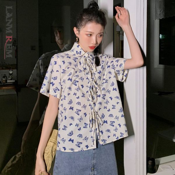 

women printing bandage big size blouse lapel short sleeve loose fit lady shirt fashion summer 2e1911 210507, White