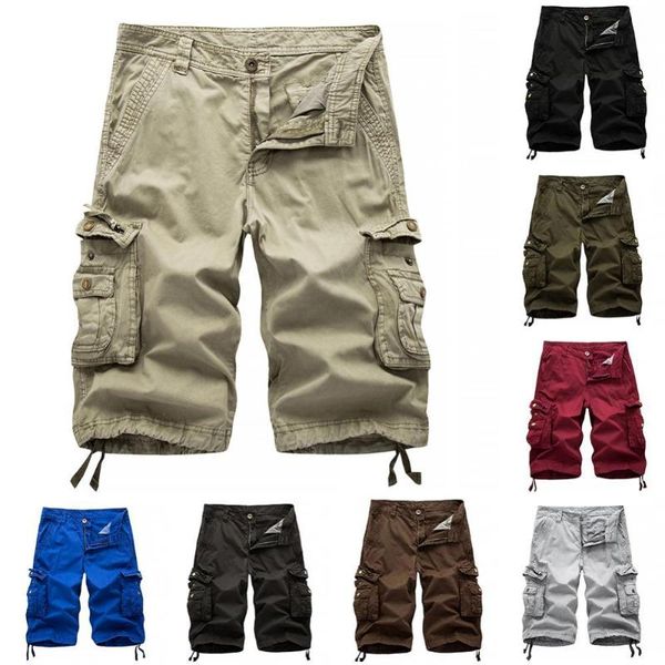 

men's shorts casual men's solid color summer multi-pocketsÂ cargo loose fifth pants, White;black