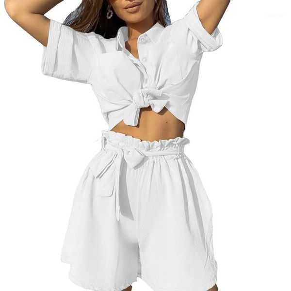 

women's tracksuits hirigin 2pcs women summer tracksuit solid color short sleeve shirt and high-waist loose tie shorts suit for girls, Gray