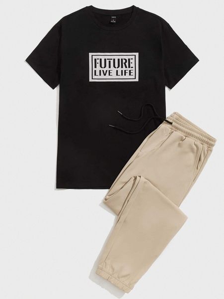

men letter graphic tee & drawstring waist sweatpants a5vm#, Gray