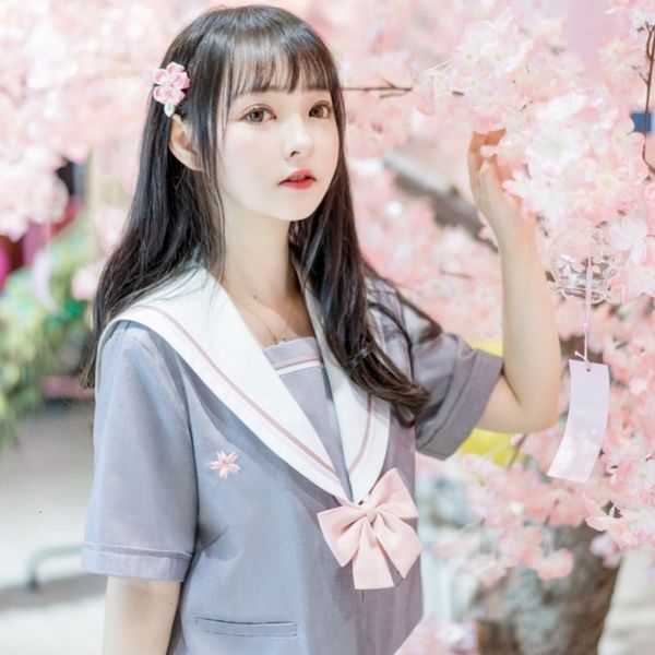 

jk uniform cute soft sakura girl grey pink embroidered sailor women' long short sleeve suit, Red;black