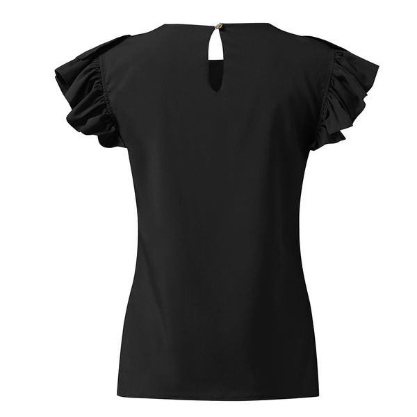 

f# women elegant ruffle t-shirt short sleeve o-neck t shirt vintage commuting pullover t shirt streetwear, White