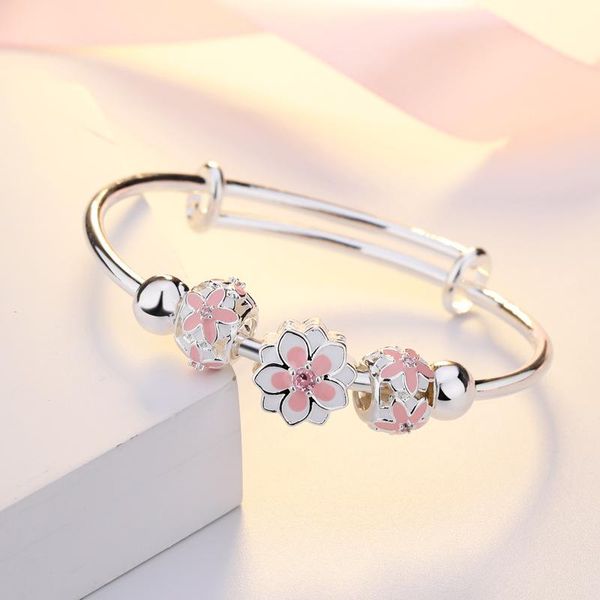 

sterling silver cherry blooms charm bracelet & bangles for women beads original jewelry pulseira accessories bangle, Black