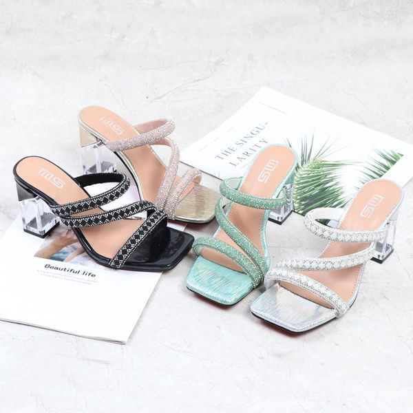 

sandals km-roya summer narrow band rhinestone slippers shoes women crystal high heels lady pump party, Black