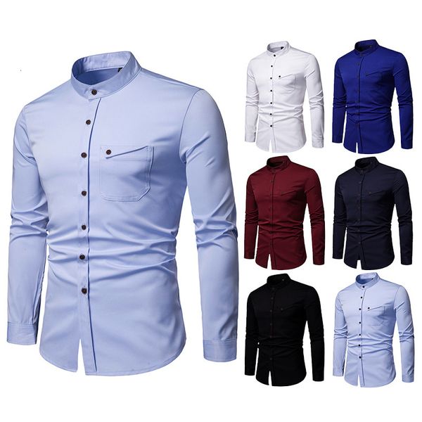 

long-sleeve male henry collar color cardigan shirt with smart pocket single-breasted kind thin, White;black