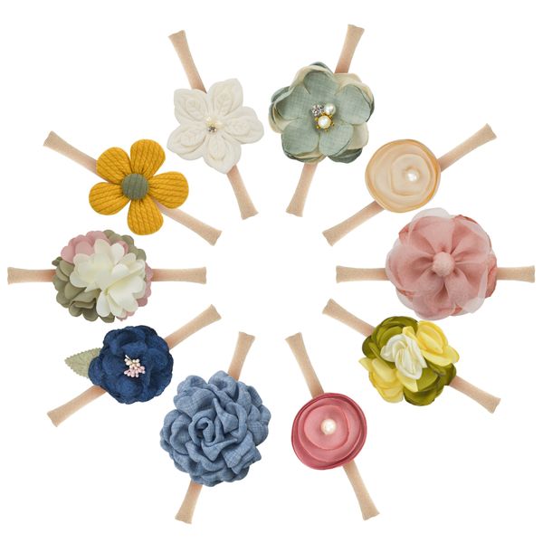 

baby headband girl nylon flower hair accessory sunflower pearl turban soft elastic hairband stretch for party, Slivery;white