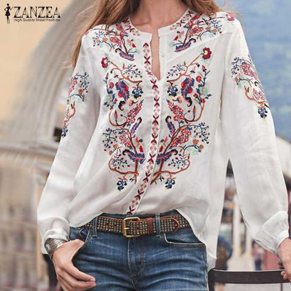 Camicetta autunnale da donna Top stampato bohemien ZANZEA Plus Size Tunica Moda scollo a V Camicie a maniche lunghe Donna Casual Blusas T191214