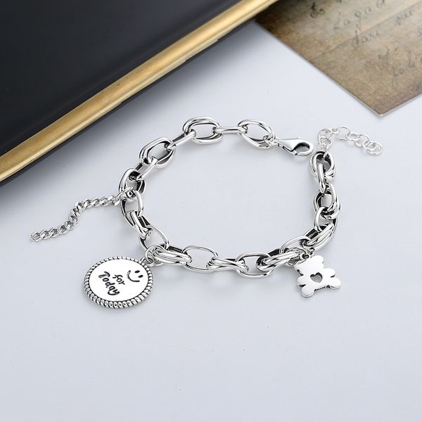 

chaosheng s925 sterling silver little bear round brand letter smiling face bracelet ins creative street shooting fashion hand ornament, Golden;silver