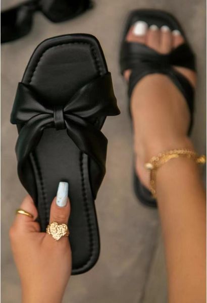 

slippers women summer large heel flat bottom one line bow fashion flip flops roman plus-size shoes, Black