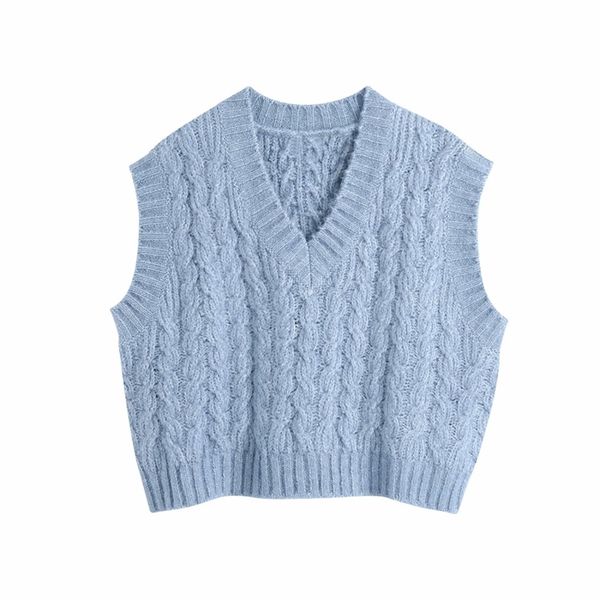 Mulher casual azul enorme crochet colete primavera moda senhoras solta v pescoço sem mangas camisola meninas base doce tanque 210515