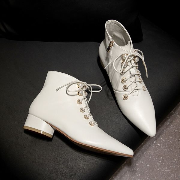 

boots morazora brand ankle boots genuine leather low heel pointed toe lace up fashion ladies shoes autumn winter1 dj87, Black