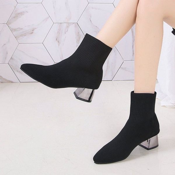 

2021 autumn winter sock boots knitted stretch fabric women boots high heels short boots new pointed toe women shoes ankle, Black