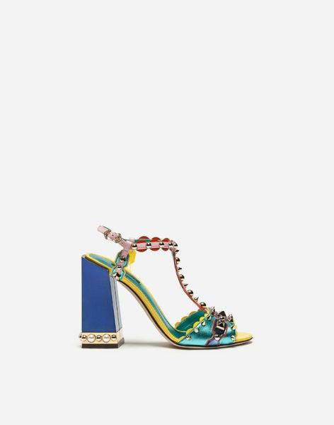 

pearls chunky high heel woman colorful leather t strap sandals spike sandal blue green colors dress shoes, Black