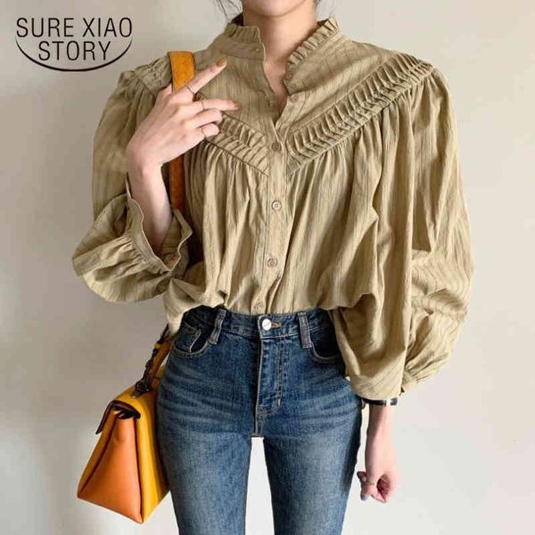 

office lady single breasted shirts autumn elegant lantern sleeve women blouse solid plus size female clothing 12040 210415, White
