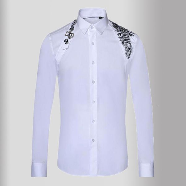 

tee polo shirt shirt shirt white luxury long sleeve high density embroidery mens metal button slim fit casual male shirts, White;black