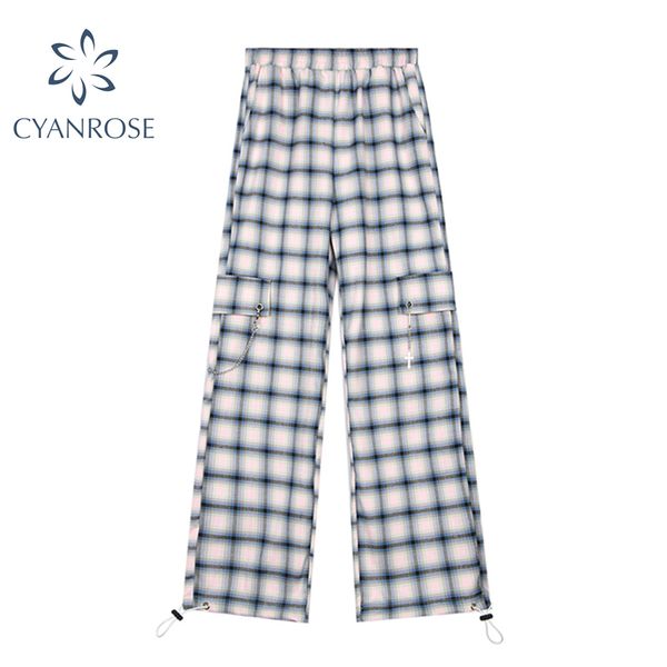 

straight plaid pants women pocket design harajuku hem drawstring harem pant female streetwear loose casual retro korean trousers 210417, Black;white