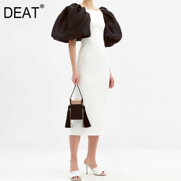 

[deat] summer fashion slash neck high waist knee-length short sleeve patchwork elegant dress women 13c789 210527, Black;gray