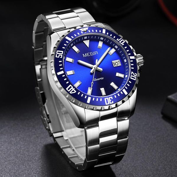 

wristwatches megir fashion diver watch men 30atm waterproof date clock sport watches mens quartz wristwatch relogio masculi, Slivery;brown