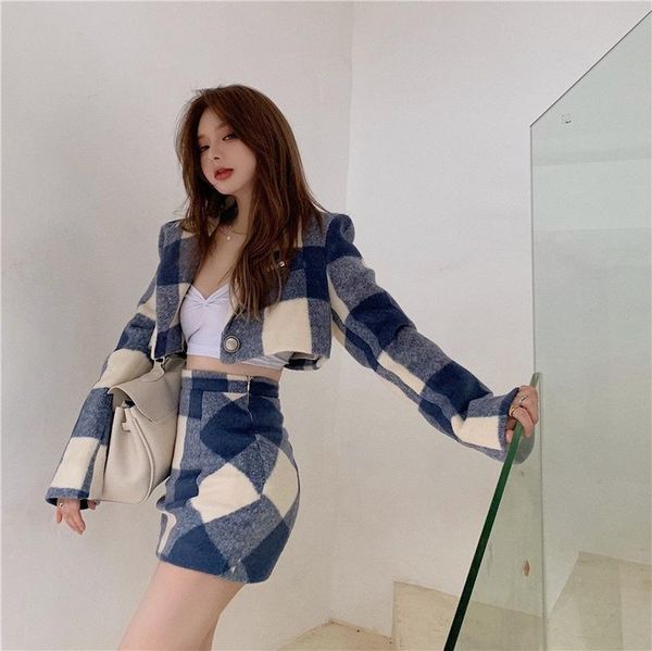

skirts 2021 sweet woollen plaid mini summer women preppy style cute loose blue and white skirt chic high waist, Black