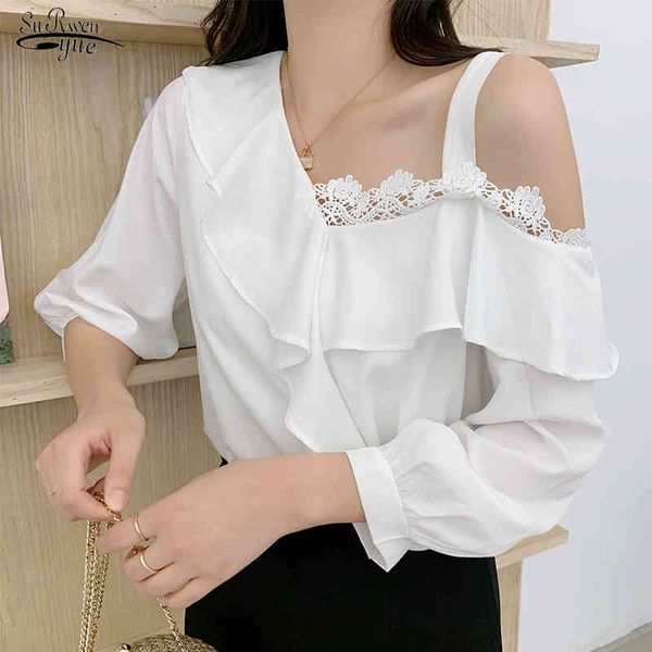 

summer chiffon blouse women white puff sleeve ladies shirts with lace skew collar plus size female clothing blusas 13901 210508