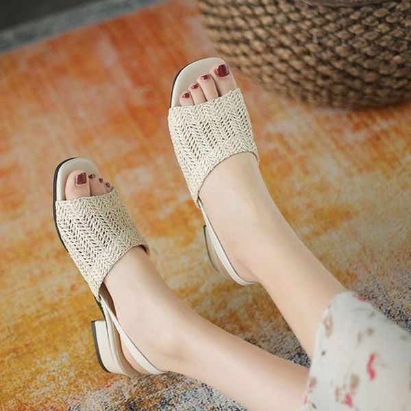 

sandals women's weave square toe 2021 summer thick heel breathable back bandage soft ladies casual shoes, Black