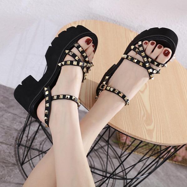 

rivet roman sandals female summer thick high heels pumps shoes, Black