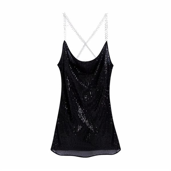 

casual dresses lady shinny sequined za autumn black high waist mini women stylish jewellery spaghetti strap party dress mudp, Black;gray