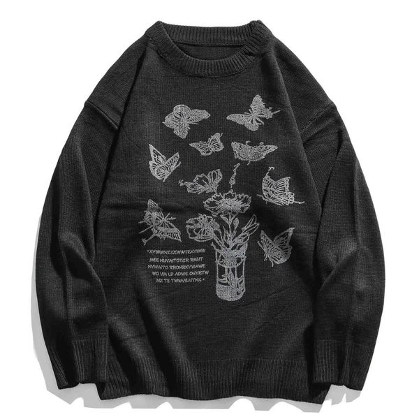 

men's sweaters standard knitted sweater: harajuku butterfly, urban blouse, hip hop, retro autou, White;black