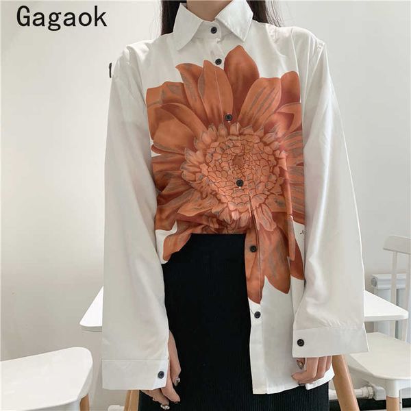 

women streetwear print blouse spring autumn lapel floral loose chic harajuku wild female fashion korean shirt 210531, White