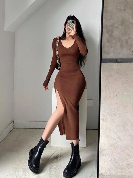 

spring and autumn slim high waist dress womens v-neck long sleeve bodycon dress with side slit fashion knit long dressswimwear bathing suits, Black;gray