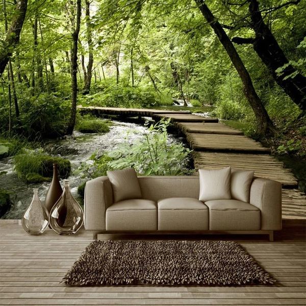 

non-woven wallpaper classic forest wooden bridge stream nature mural living room spatial expansion green eye decor waterproof wallpapers