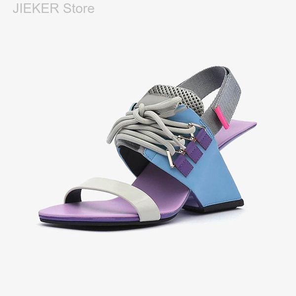 

sandals shaped heel women's 2021 summer fashion personality lace up mixed colors leather open toe pumps shoes female, Black