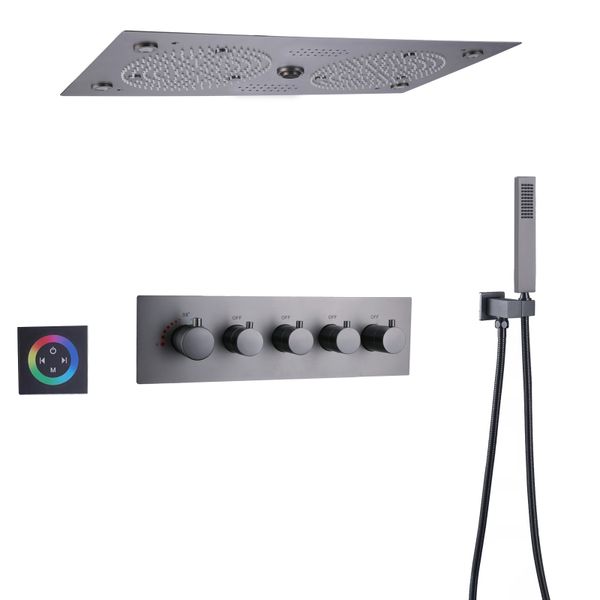 Silah Gri Termostatik Üst Duş Başlığı Seti 620 * 320mm LED Banyo Yağışlı Milli Nozüllü Müzik Özellikleri