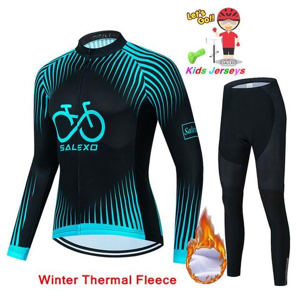 

racing sets kids 2022 winter cycling wear, boys' warm fleece long sleeve wear set, children's mountain bike 3d gel, Black;blue