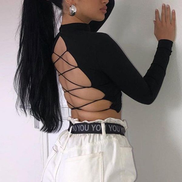 

women's t-shirt women harajuku open back long sleeve cropped summer white clothes shirt vintage tshirt tee