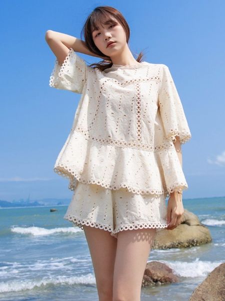 

women's two piece pants summer party hollow out lace perspective o neck gown + shorts pant suits 2 pcs women clothes sets, White