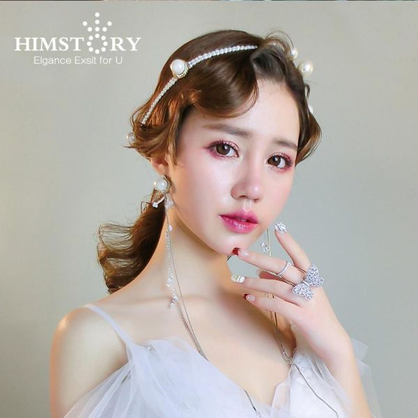 

hair clips & barrettes himstory fashion elegance pearl long chain hairband earring woman wedding jewelry accessorie for party festival, Golden;silver