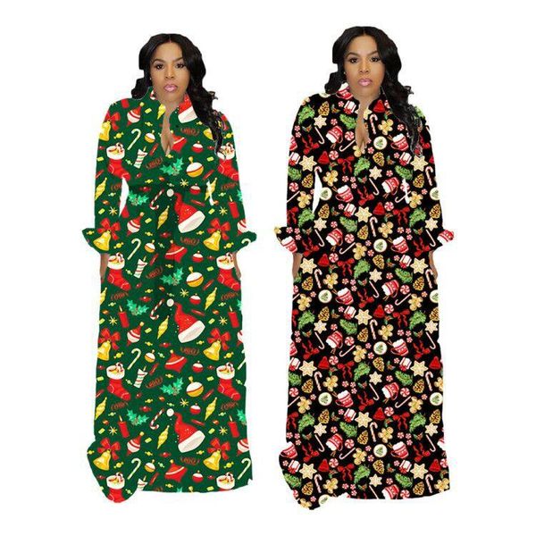 

christmas print women long dress night club button up turn-down neck with sashe fit flare maxi dresses vestidos casual, Black;gray
