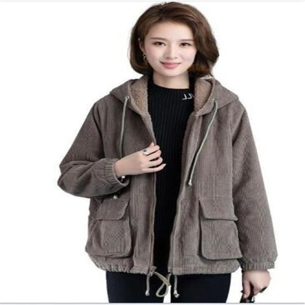 

autumn winter fashion casual corduroy hooded plus velvet padded jacket coat short loose women's outwear jackets, Black;brown
