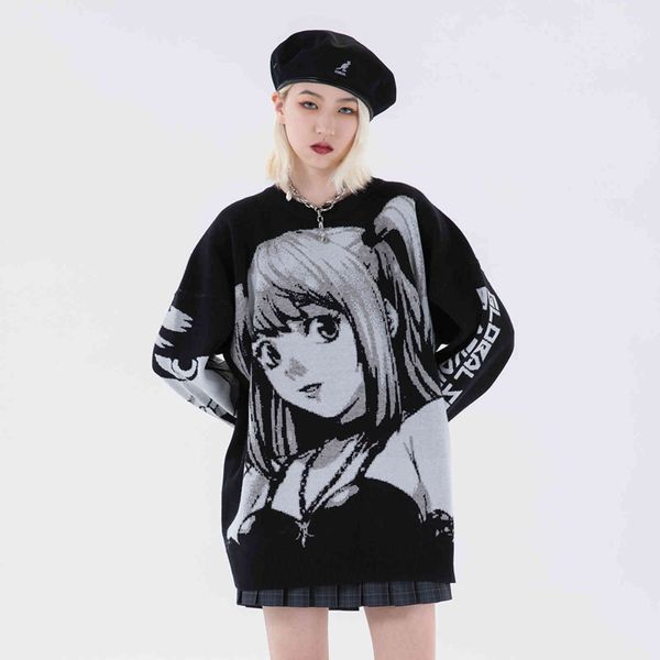 

harajuku women's large sweater, winter knitted long sved gothic fashion, japane cartoon kawajing street clothing, 2021, White;black